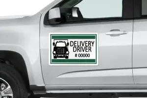 Custom magnetic sign on a pickup truck door