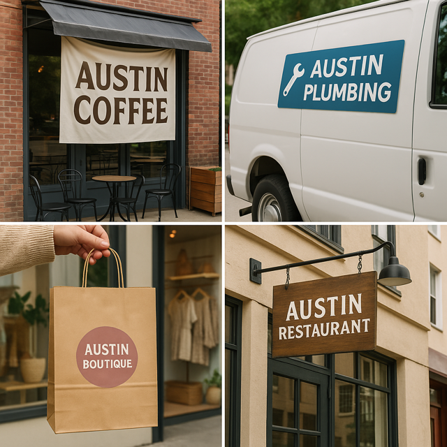 Collage of diverse small businesses in Austin featuring a coffee shop with a banner, a plumber