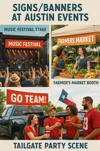 Infographic showing signs and banners at Austin events, including a music festival stage, a farmer