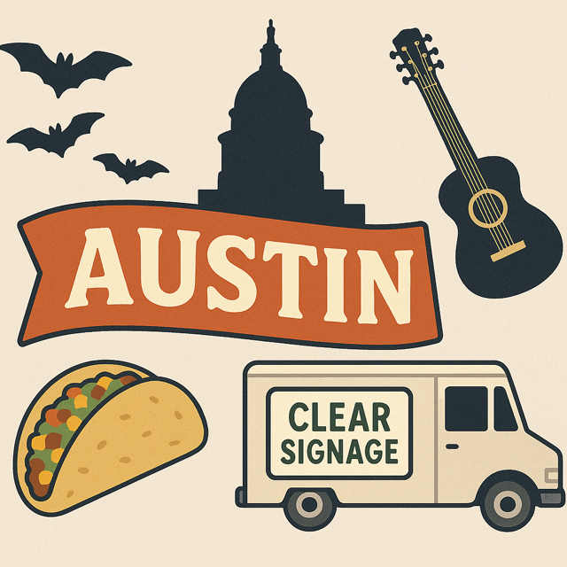 Illustration featuring Austin icons like bats, Capitol silhouette, guitar, taco, and a food truck with clear signage under a bold AUSTIN banner.