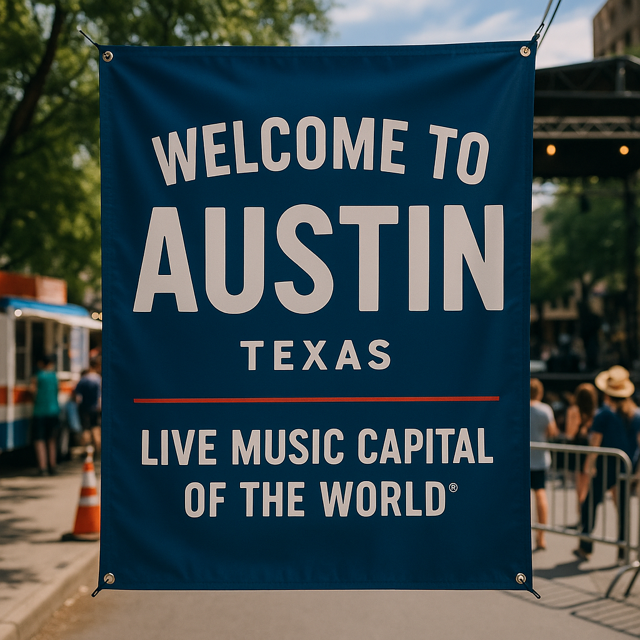A large vinyl banner reading “Welcome to Austin – Live Music Capital of the World” hanging in front of food trucks and a live music stage on a bustling Austin street.