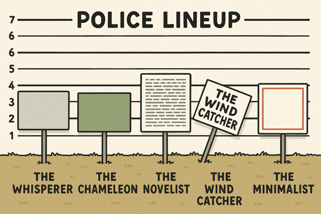 Cartoon police lineup of five poorly designed yard signs with humorous labels like The Whisperer, The Chameleon, The Novelist, The Wind Catcher, and The Minimalist.