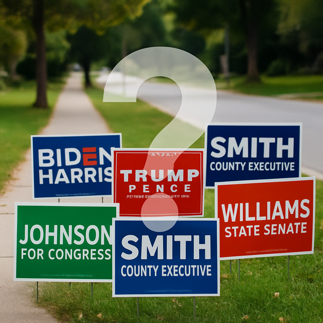 A row of various political campaign yard signs placed along a suburban sidewalk with a transparent question mark overlaid in the center, suggesting voter uncertainty or choice.