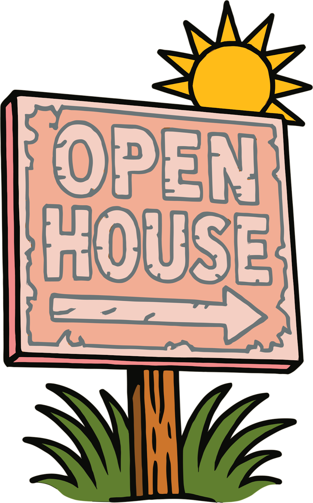 Cartoon "Open House" sign with a right-pointing arrow on a wooden post, with the sun behind it