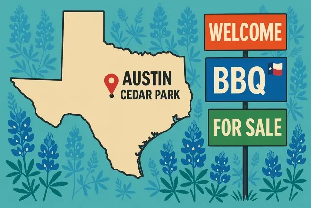 Illustrated map of Texas with Austin and Cedar Park highlighted, surrounded by vibrant yard signs reading ‘Welcome,’ ‘BBQ’ with a Texas flag, and ‘For Sale,’ set against a background of bluebonnet flowers.