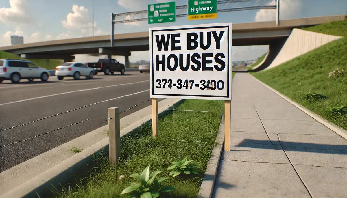 A bandit yard sign placed on a grassy roadside, raising questions about legality and local regulations