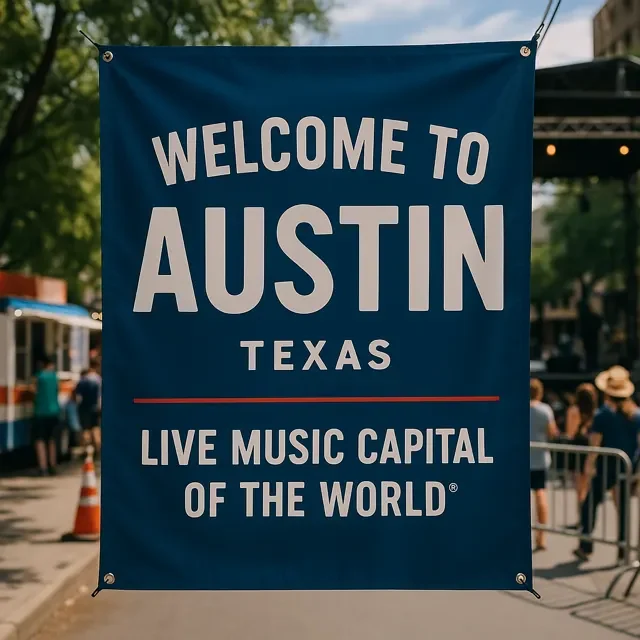 A large vinyl banner reading “Welcome to Austin – Live Music Capital of the World” hanging in front of food trucks and a live music stage on a bustling Austin street.