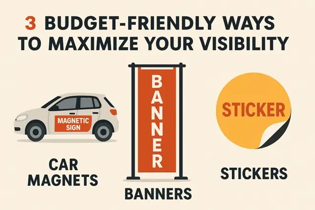 Three budget-friendly ways to maximize your visibility featuring illustrations of a car magnet, a vertical banner, and a round sticker