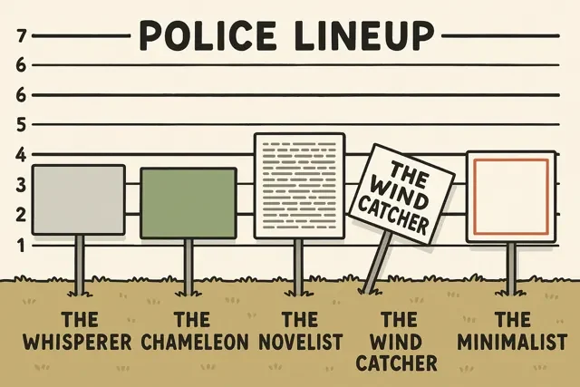 Cartoon police lineup of five poorly designed yard signs with humorous labels like The Whisperer, The Chameleon, The Novelist, The Wind Catcher, and The Minimalist.