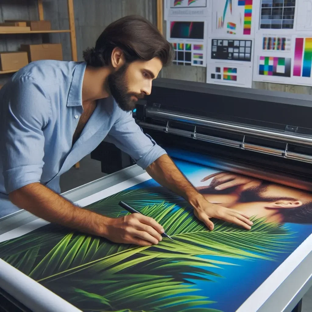 Close-up of a large-format printer creating a durable vinyl banner with vibrant colors and weather-resistant ink.