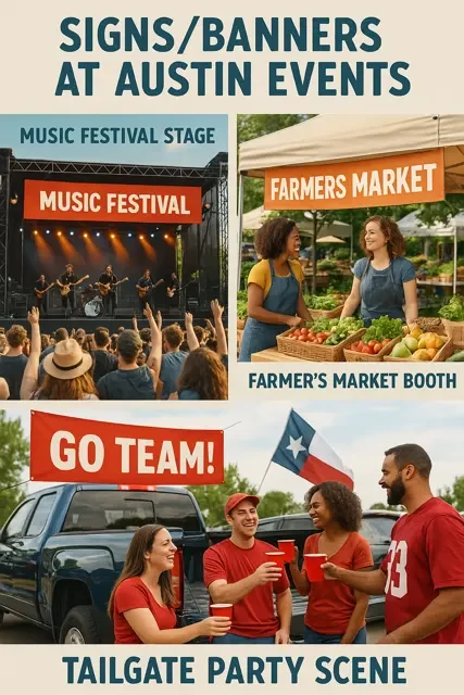Infographic showing signs and banners at Austin events, including a music festival stage, a farmer